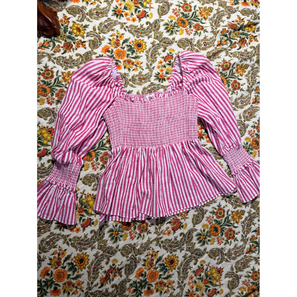Cinq a Sept Red White Striped 100 cotton Smocked Puff Sleeve Peplum Top M